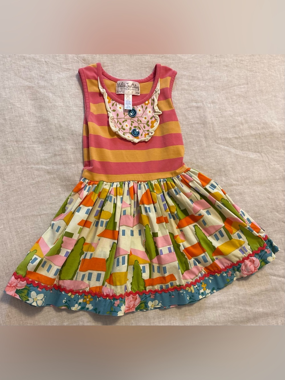 Matilda Jane Girls Size 2 Village Houses Striped Bib Dress Good Life Collection